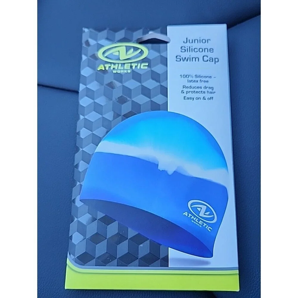 Athletic Works, Lot of 2, Junior Size Blue And White Silicone Swim‎ Cap New